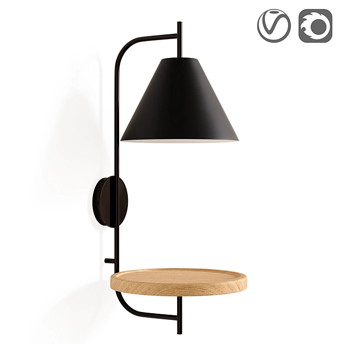 Industrial Wall Lamp with Metal and Wood Shelf 3D model image 1