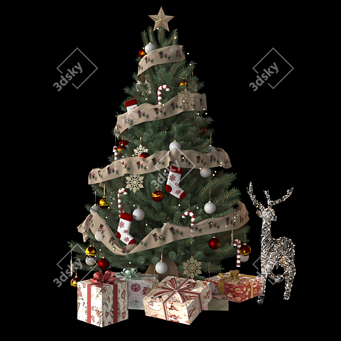 Festive Christmas Tree with Gifts and Ornaments 3D model image 1