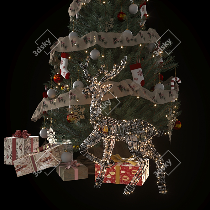 Festive Christmas Tree with Gifts and Ornaments 3D model image 2