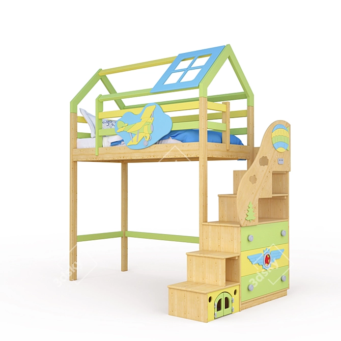 Aviator Kids Bed-House with Ladder 3D model image 1