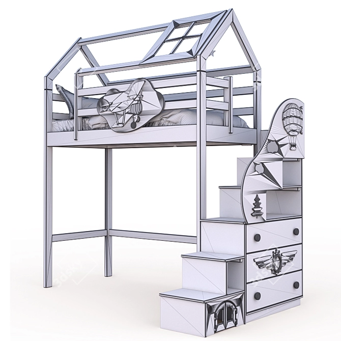 Aviator Kids Bed-House with Ladder 3D model image 3