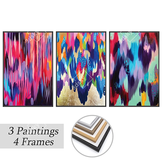 Title: 
Gallery Trio: Frame & Paintings Set 3D model image 1