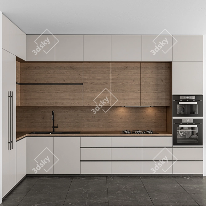 Sleek White and Wood L-Shape Kitchen Cabinets 3D model image 1