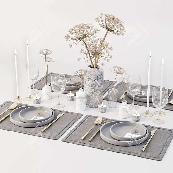 Elegant Table Set: Dry Flower Decor 3D model image 1