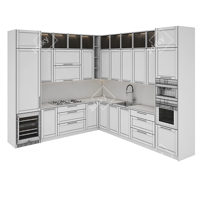 Modern Kitchen Set: Gas Hob, Oven, Coffee Machine, Wine Fridge, Sink & Hood 3D model image 2