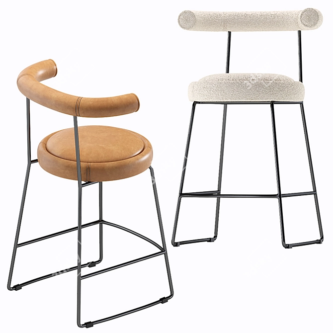 Luxury Cooper Velvet and Leather Kitchen Stool 3D model image 5