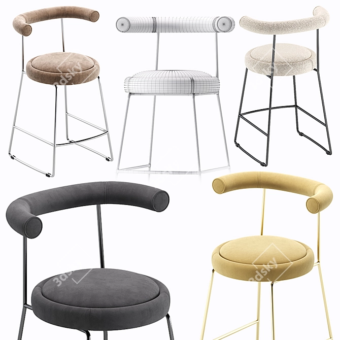 Luxury Cooper Velvet and Leather Kitchen Stool 3D model image 7