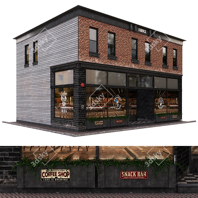 Brick & Wood Café Facade 3D model image 4