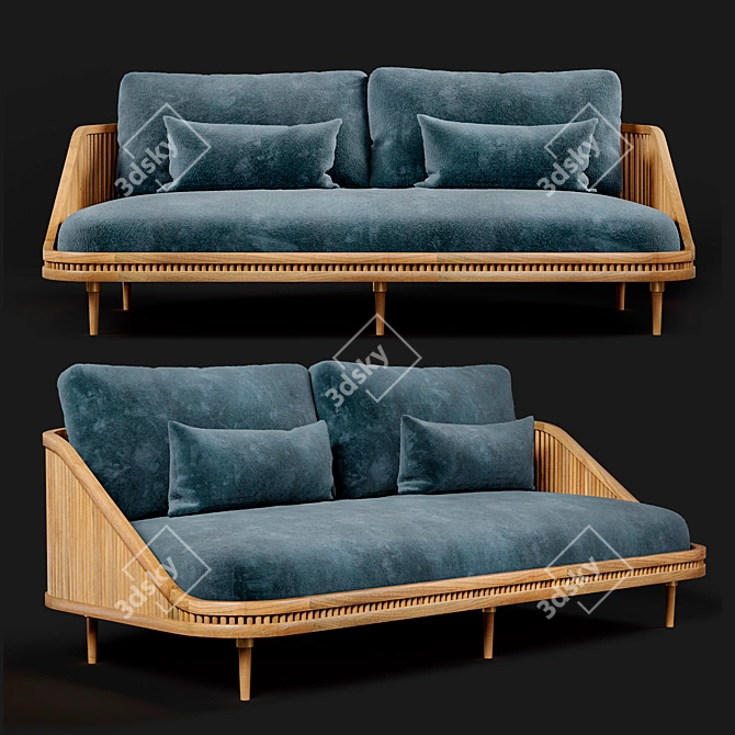 Modern Wood and Brass Lounge Sofa 3D model image 1