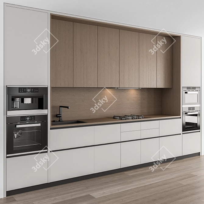 Sleek and Stylish White-Wood Kitchen 3D model image 1