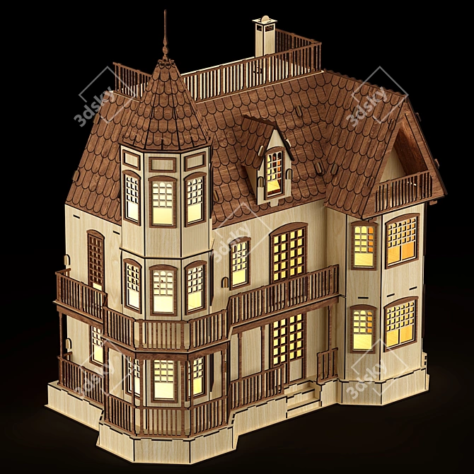 Wooden Dollhouse Villa 3D model image 4