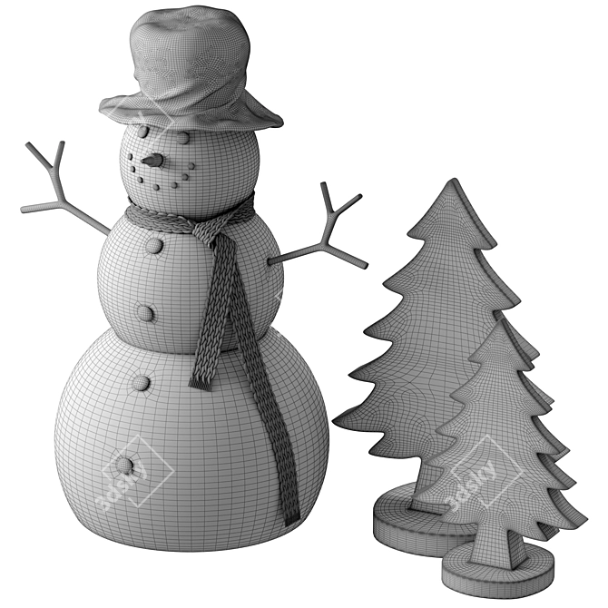 Festive Snowman & Wooden Tree 3D model image 5