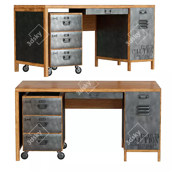 Vintage Industrial Mango Wood Desk 3D model image 1