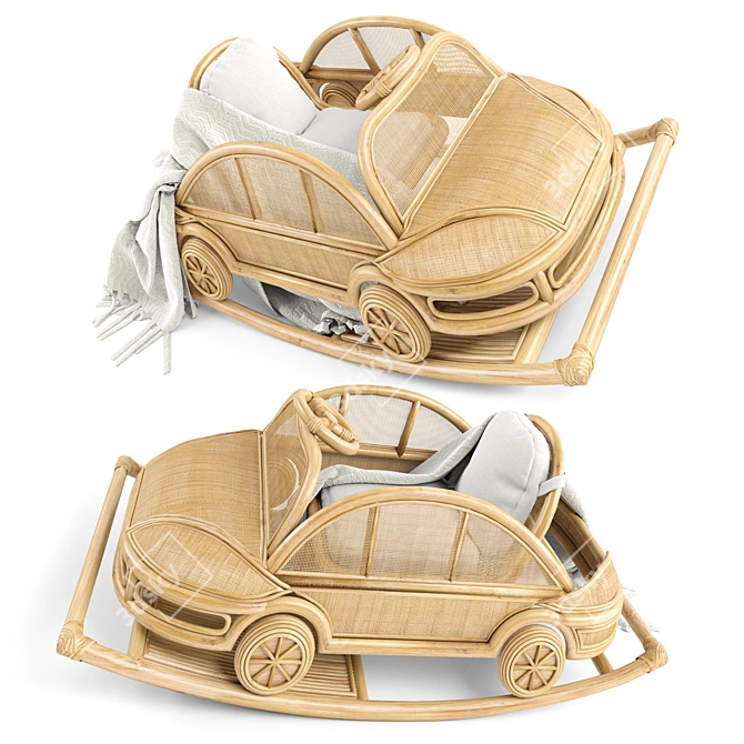 Vintage-Inspired Kids Rattan VW Rocking Car 3D model image 2