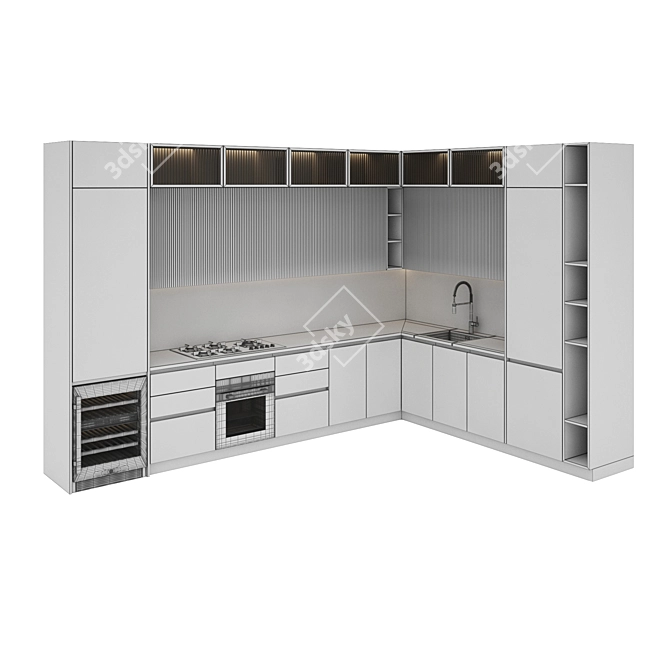 Modern Kitchen Set: Gas Hob, Oven, Wine Fridge & Sink 3D model image 6