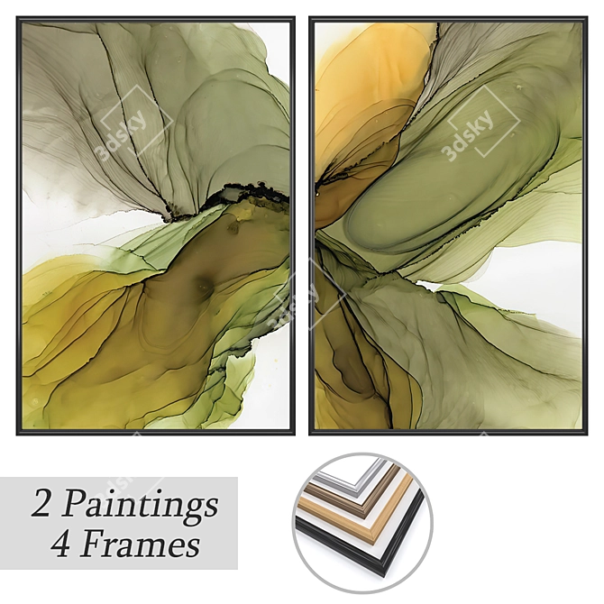  Artistic Impressions: 2 Paintings with 4 Frame Options 3D model image 1