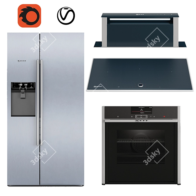 Neff N90 Appliance Set: Oven, Fridge, Cooktop, Hood 3D model image 1