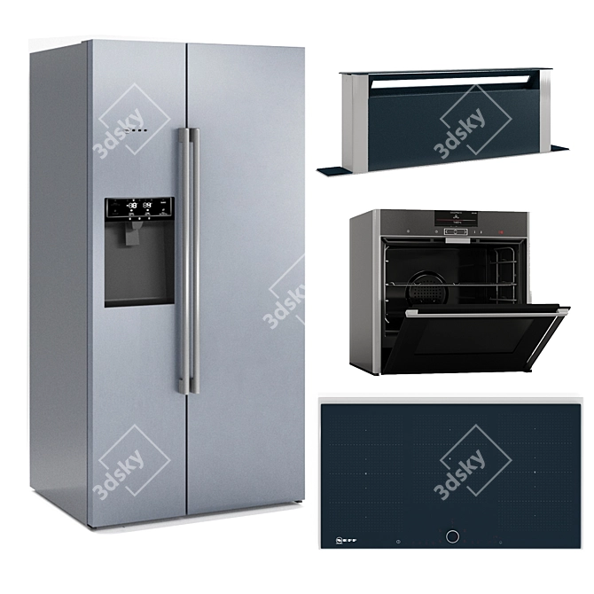 Neff N90 Appliance Set: Oven, Fridge, Cooktop, Hood 3D model image 2