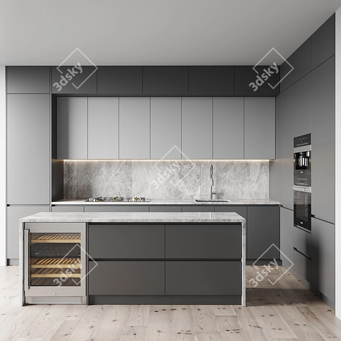 Modern Kitchen Set: Gas Hob, Oven, Coffee Machine, Wine Fridge, Sink & Hood 3D model image 1