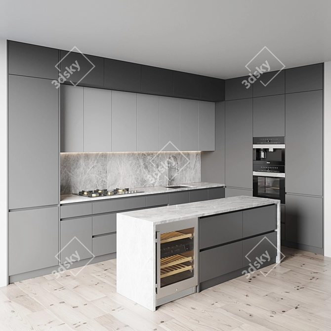 Modern Kitchen Set: Gas Hob, Oven, Coffee Machine, Wine Fridge, Sink & Hood 3D model image 2