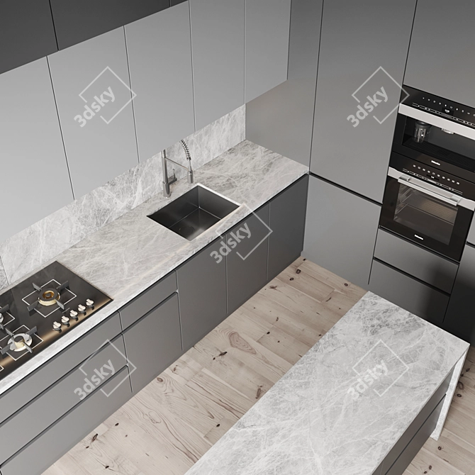 Modern Kitchen Set: Gas Hob, Oven, Coffee Machine, Wine Fridge, Sink & Hood 3D model image 3