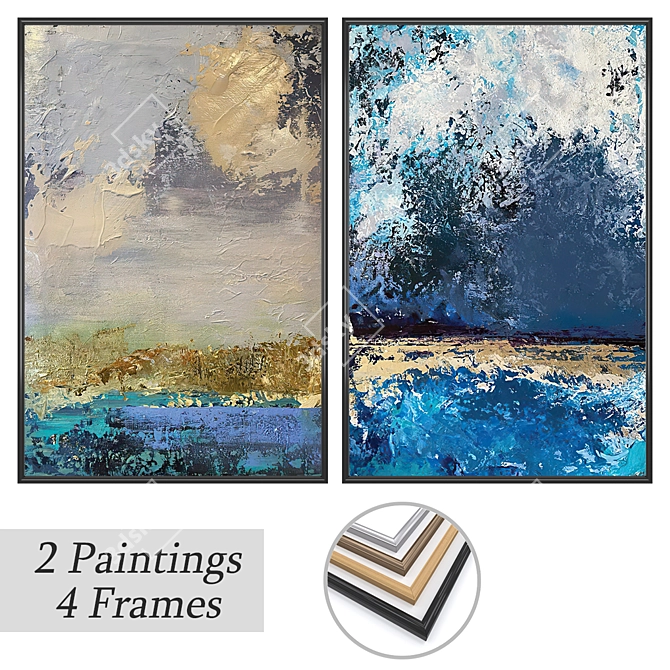 Modern Art Paintings: Set of 2 with 4 Frame Options 3D model image 1