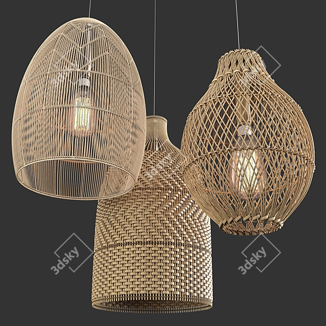 Natural Rattan Trio Pendant Lights 3D model image 1