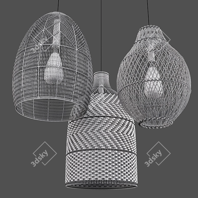 Natural Rattan Trio Pendant Lights 3D model image 5