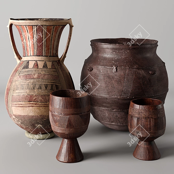 African Clay and Wood Vases 3D model image 1