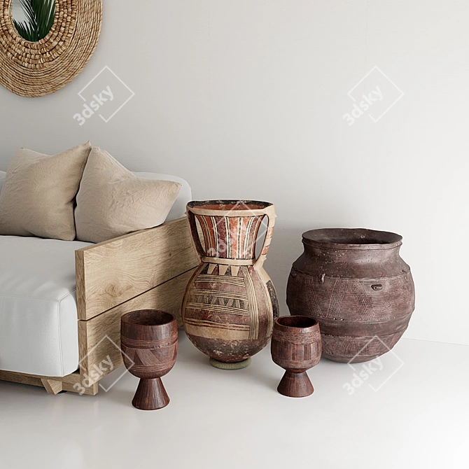 African Clay and Wood Vases 3D model image 7