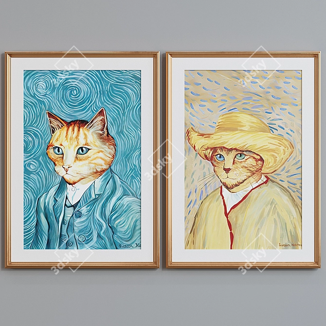 Modern Van Gogh Cat Oil Painting Frame Set 3D model image 2