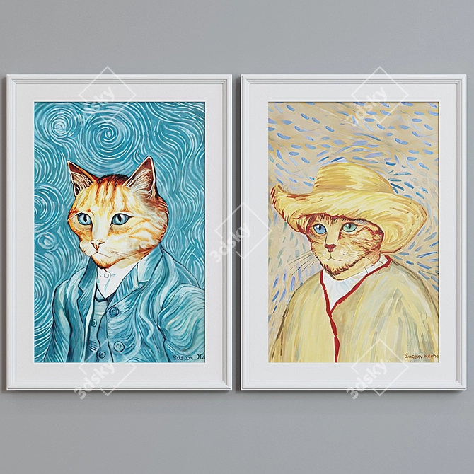 Modern Van Gogh Cat Oil Painting Frame Set 3D model image 4