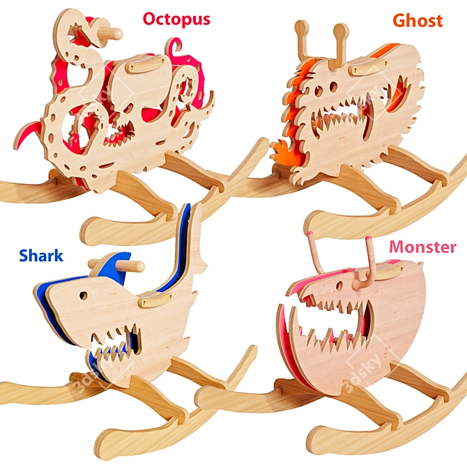 Wooden Kids Rocking Chairs Set 3D model image 7