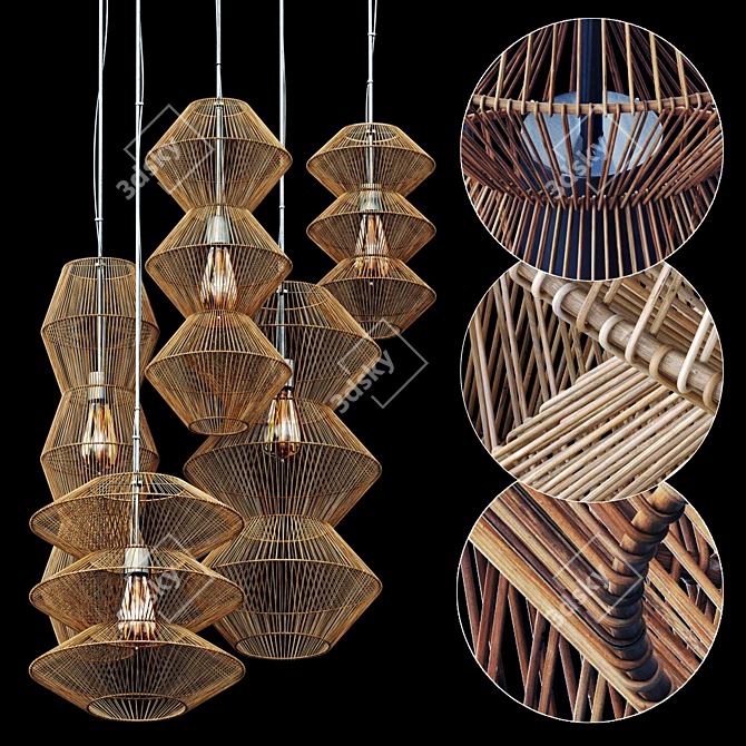 Rattan Zigzag Pendant Lamp - Modern, Handcrafted Design 3D model image 7