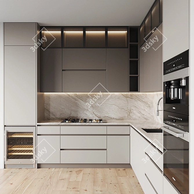 Modern Kitchen Set with Gas Hob, Oven, Coffee Machine, Wine Fridge, Sink, and Hood 3D model image 2