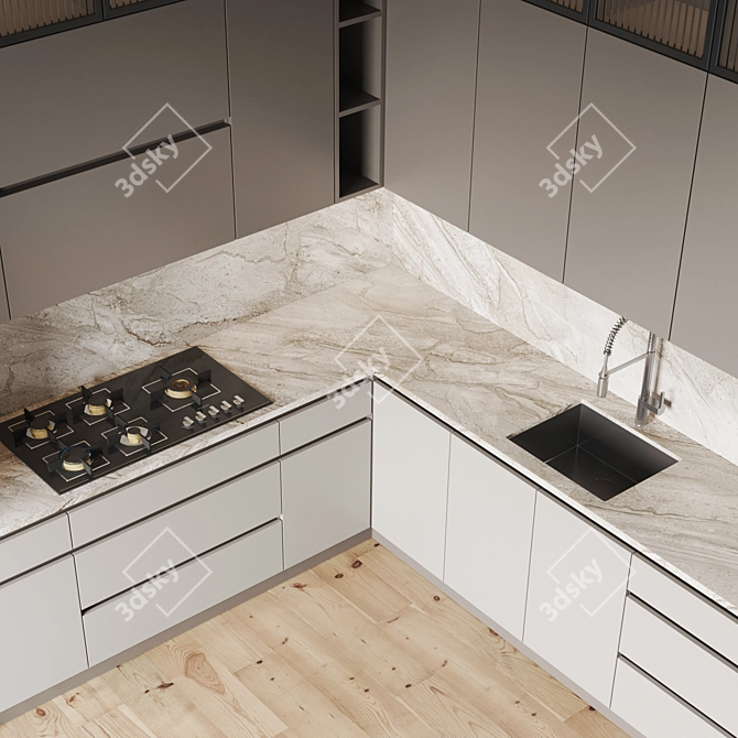 Modern Kitchen Set with Gas Hob, Oven, Coffee Machine, Wine Fridge, Sink, and Hood 3D model image 3