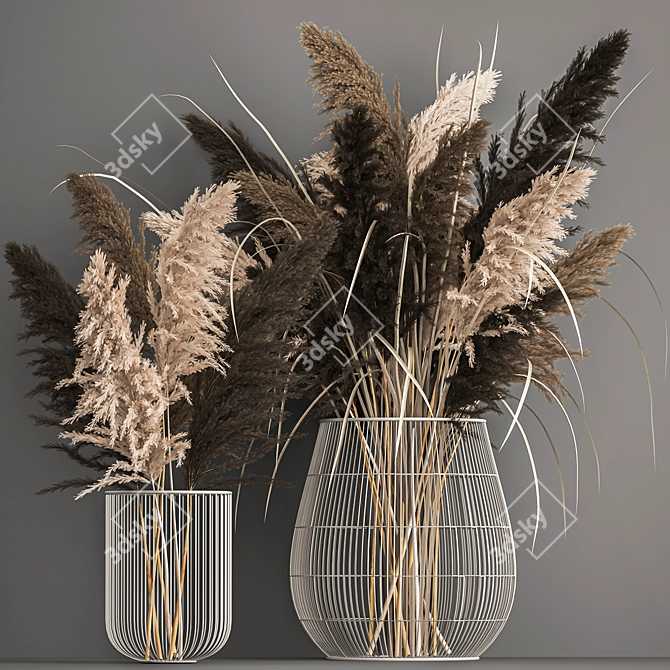 Dried Reed Bouquet in Metal Basket 3D model image 1