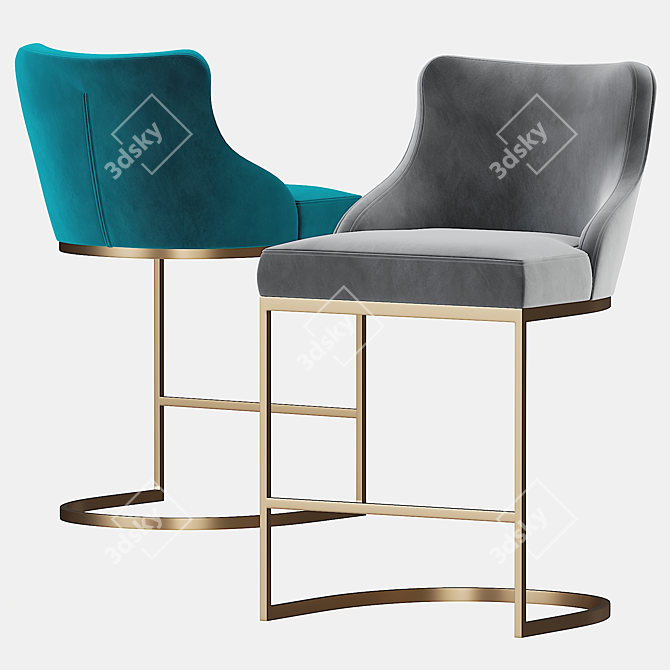 Teal Velvet and Brass Bar Stool 3D model image 2