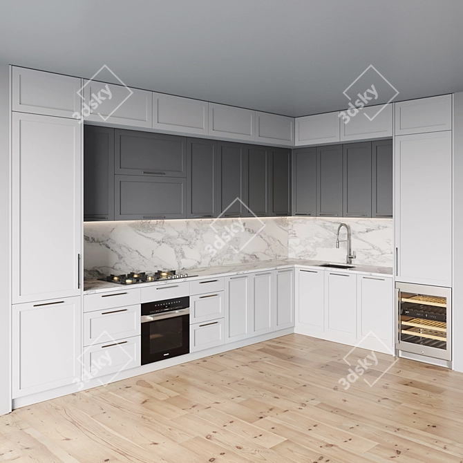  Modern Kitchen Set with Gas Hob, Oven, Wine Fridge, Sink, and Hood 3D model image 2