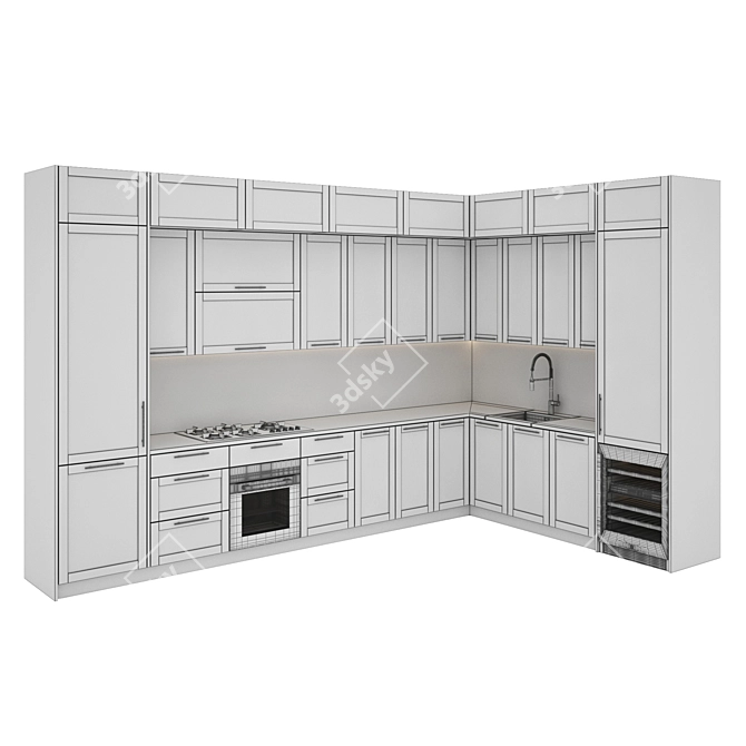  Modern Kitchen Set with Gas Hob, Oven, Wine Fridge, Sink, and Hood 3D model image 5