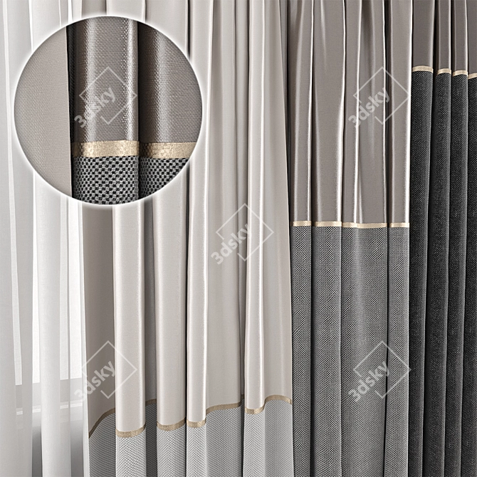 Elegant Two-Tone Curtains - 3 Options 3D model image 2