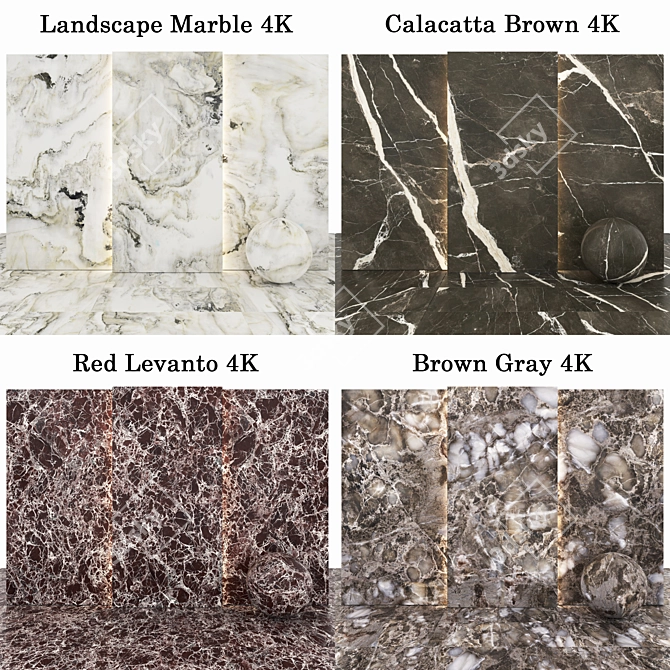 Marble Collection: Calacatta, Brown Gray, Landscape, Red Levanto 3D model image 2