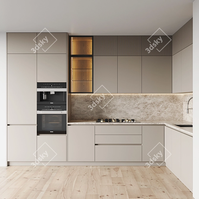 Modern Kitchen Set with Gas Hob, Oven, Coffee Machine, Sink & Hood 3D model image 1