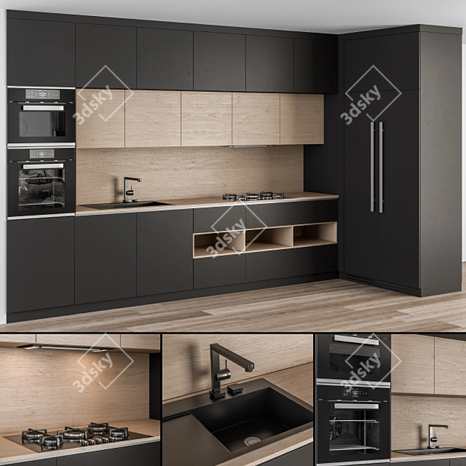 Sleek Black Wood Kitchen Cabinets 3D model image 1