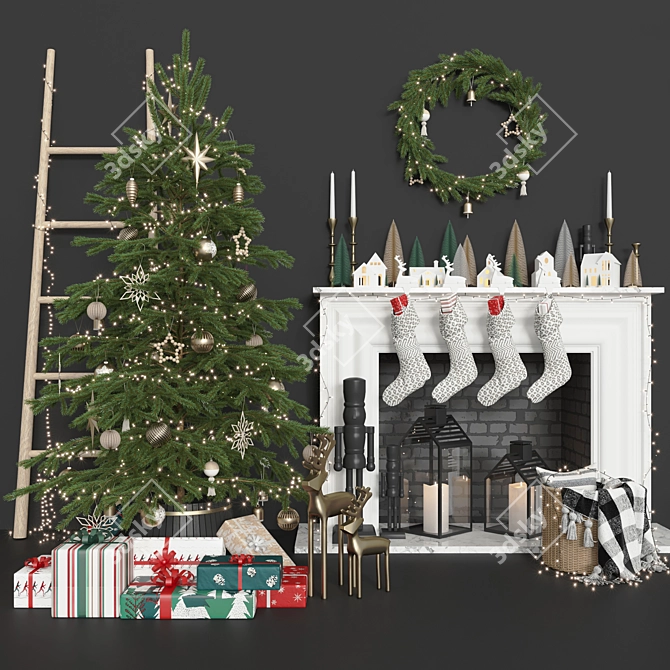 Festive Christmas Tree & Fireplace Décor 3D model image 1