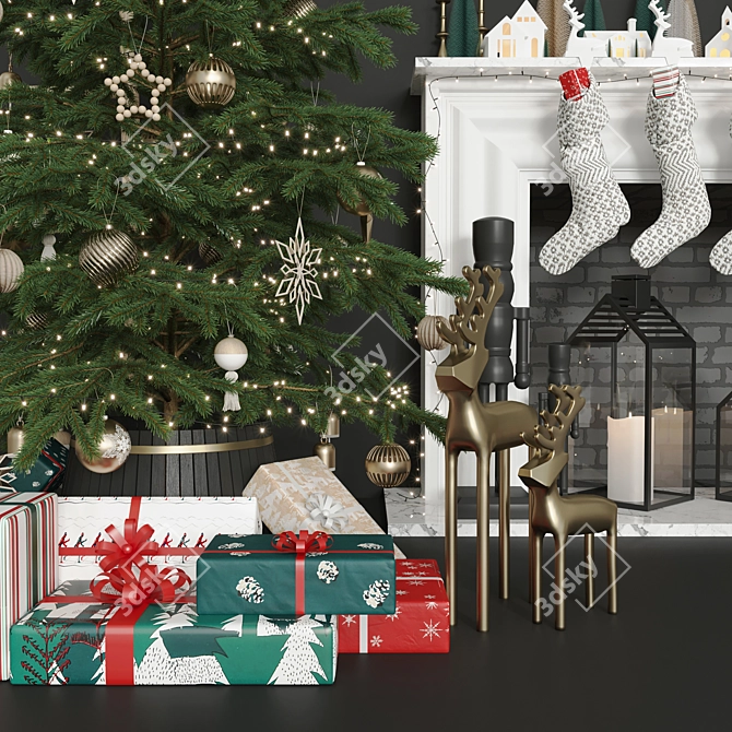 Festive Christmas Tree & Fireplace Décor 3D model image 2