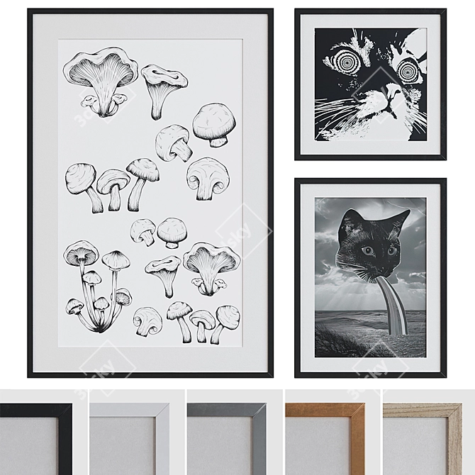 Modern Collage Cat and Mushroom Picture Frame Set 3D model image 1