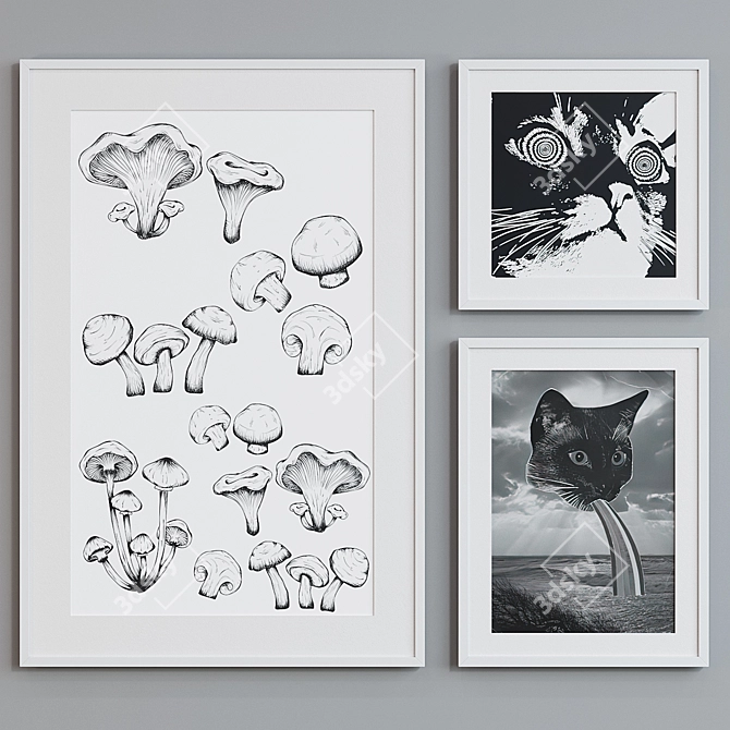 Modern Collage Cat and Mushroom Picture Frame Set 3D model image 2