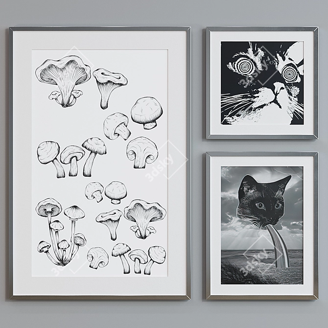 Modern Collage Cat and Mushroom Picture Frame Set 3D model image 3