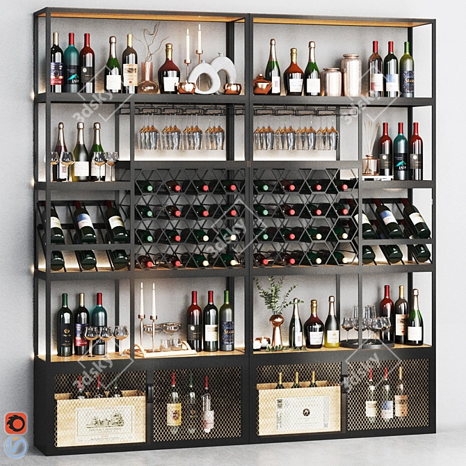 Industrial Standing Wine Rack with Glass Rack 3D model image 2